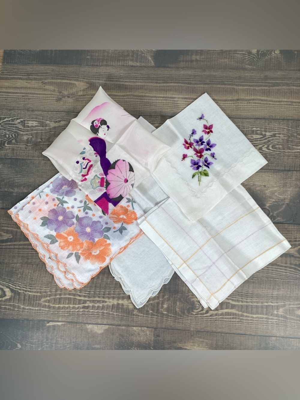 5 Vintage Lady’s Handkerchief Hankies Orange & Purples, White, Floral, Oriental - Picture 1 of 16